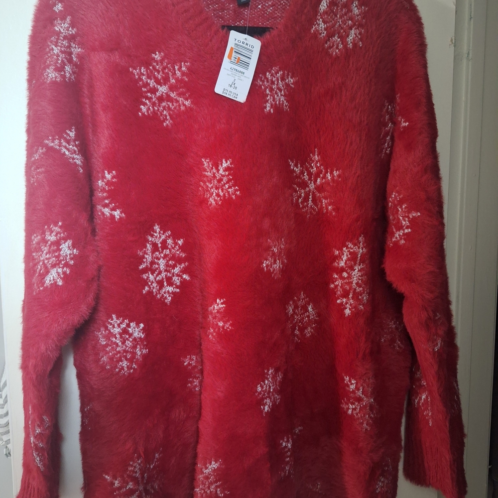 Torrid Red V-Neck Sweater with Snowflake Design